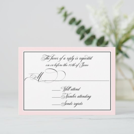Elegant script bloeit op met Blush Pink Border RSVP Kaartje (Staand voorkant)