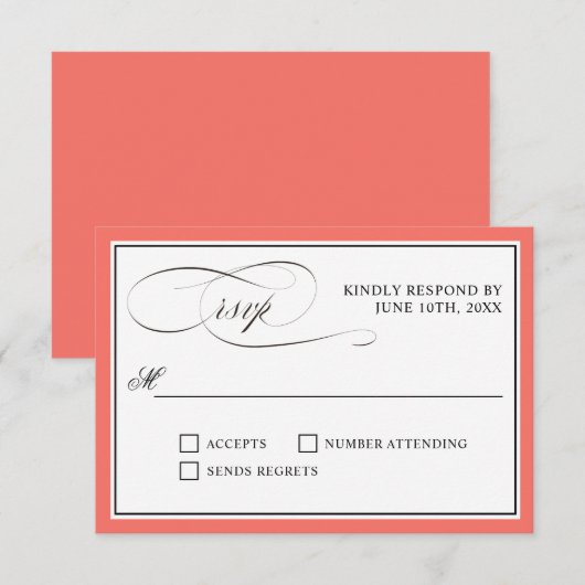 Elegant script bloeit RSVP koraal rand Kaartje (Voorkant / Achterkant)