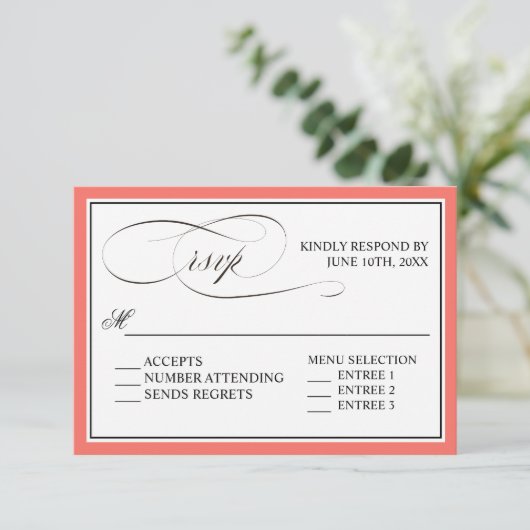 Elegant script bloeit RSVP met koraalrand (Staand voorkant)