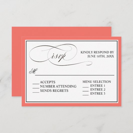 Elegant script bloeit RSVP met koraalrand (Voorkant / Achterkant)