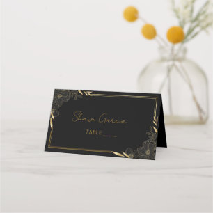 Elegant script bloeit zwart & goud bruiloft plan plaatskaartje