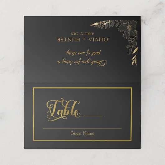 Elegant script bloeit zwart & gouden bruiloft plaatskaartje (Buitenkant ongevouwen)