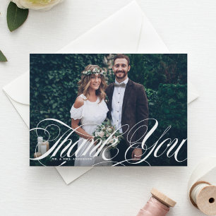 Elegant Script Bloem Wit Foto Trouw Dank Briefkaart