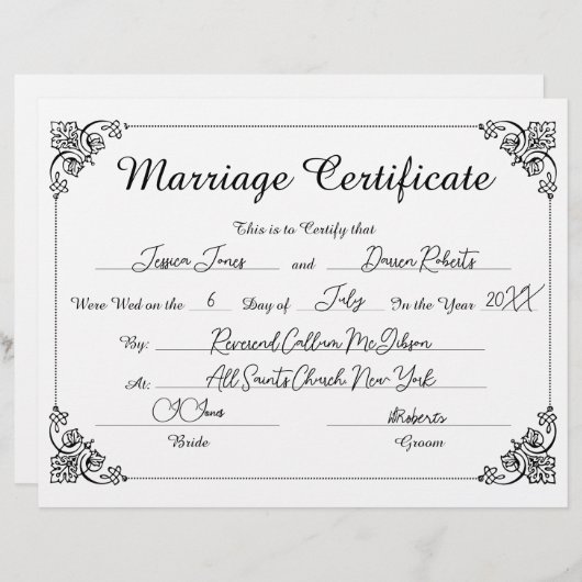 Elegant Script Bloemen Gevuld Trouwcertificaat (Voorkant / Achterkant)