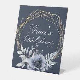 Elegant Script Bloemige Stof Blauw Bruidsdouche   Reclamebord Met Voetstuk