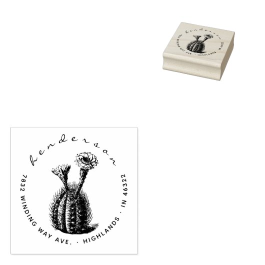Elegant Script Blooming Cactus Retouradres Rubberstempel (Gestempeld)