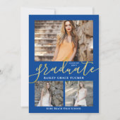 Elegant Script Blue 3-Photo Collage Afstuderen Aankondiging (Voorkant)