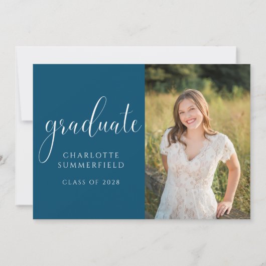 Elegant Script Blue Afstuderen Photo Invitation Kaart (Voorkant)