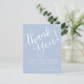 Elegant Script Blue Boy Baby shower Foto Bedankkaart (Staand voorkant)