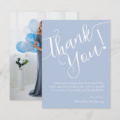 Elegant Script Blue Boy Baby shower Foto Bedankkaart (Voorkant / Achterkant)