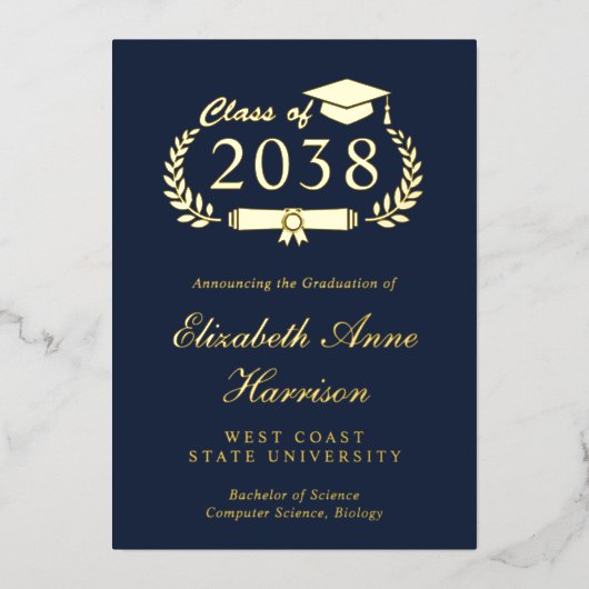 Elegant Script Blue College Graduparty Folie Uitnodiging (Voorkant)