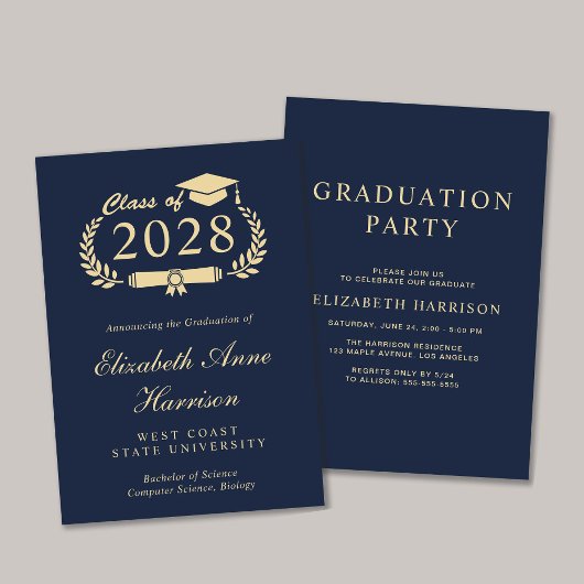 Elegant Script Blue College Graduparty Kaart