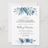 Elegant script blue floral bruiloft kaart (Voorkant)
