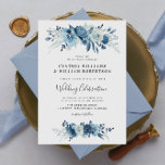 Elegant script blue floral bruiloft kaart<br><div class="desc">Een elegant ontwerp met waterverf moonlight blauwe bloemen. U kunt de tekst,  tekstgrootte,  kleuren en lettertypen op deze trouwuitnodiging personaliseren.</div>