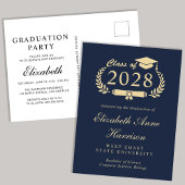Elegant Script Blue Gold College Afstudeerfeest Uitnodiging Briefkaart