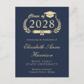 Elegant Script Blue Gold College Afstudeerfeest Uitnodiging Briefkaart (Voorkant)
