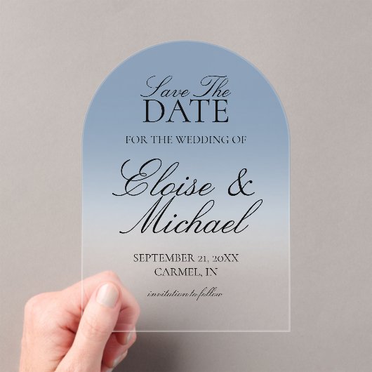 Elegant script Blue Gradient Wedding Save the Date Acryl Uitnodigingen (Insitu (Draagbaar))
