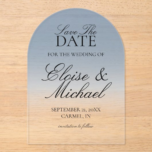 Elegant script Blue Gradient Wedding Save the Date Acryl Uitnodigingen (Voorkant)