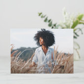 Elegant Script Blue Grey Photo Graduparty Kaart (Staand voorkant)