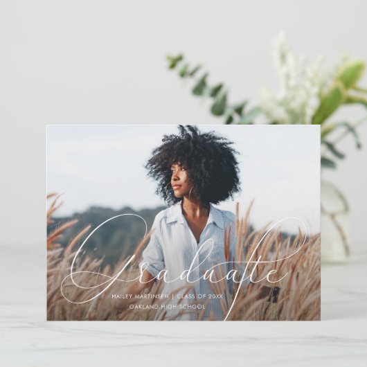 Elegant Script Blue Grey Photo Graduparty Kaart (Staand voorkant)