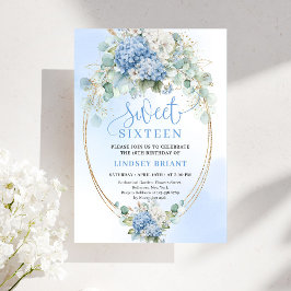 Elegant Script Blue Hydrangea Gold Sweet Sixteen Kaart