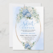 Elegant Script Blue Hydrangea Gold Sweet Sixteen Kaart (Voorkant)