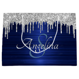 Elegant Script Blue Metallic Silver Glitter Groot Cadeauzakje