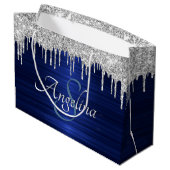 Elegant Script Blue Metallic Silver Glitter Groot Cadeauzakje (Achterkant Gekanteld)