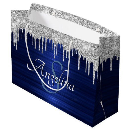 Elegant Script Blue Metallic Silver Glitter Groot Cadeauzakje (Achterkant Gekanteld)