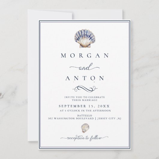 Elegant script Blue Nautical Wedding Kaart (Voorkant)