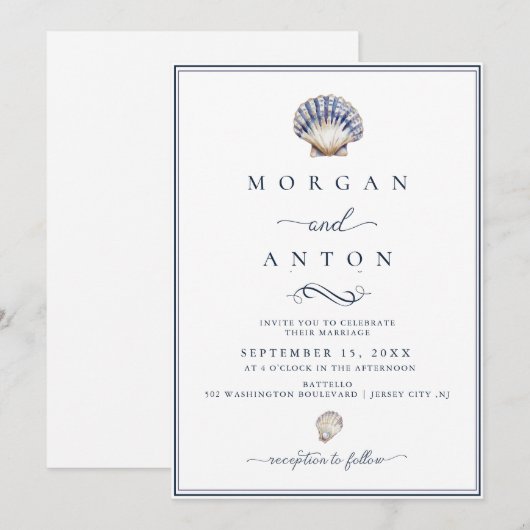 Elegant script Blue Nautical Wedding Kaart (Voorkant / Achterkant)