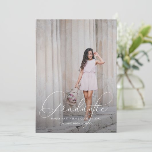 Elegant Script Blue Photo Afstuderen Aankondiging (Staand voorkant)