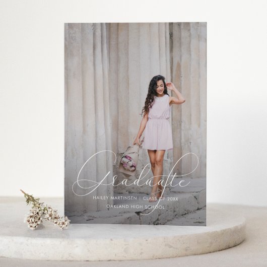 Elegant Script Blue Photo Afstuderen Aankondiging