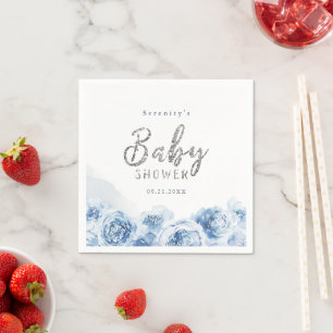 Elegant script blue waterverf floral baby shower servet