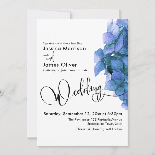 Elegant Script Blue Waterverf Hydrangea Wedding Kaart (Voorkant)