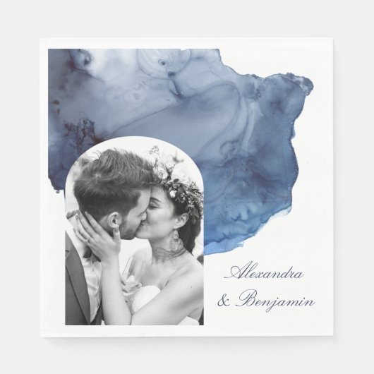 Elegant Script Blue Waterverf Wedding Photo Servet (Voorkant)