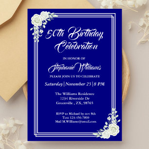 Elegant script Blue White Rose 50ste verjaardag Kaart