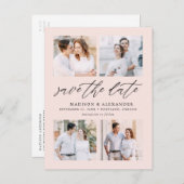 Elegant Script Blush 4 Fotocollage De datum opslaa Aankondigingskaart (Voorkant / Achterkant)