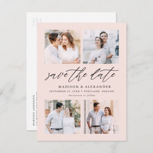 Elegant Script Blush 4 Fotocollage De datum opslaa Aankondigingskaart (Voorkant / Achterkant)