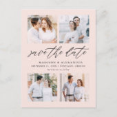 Elegant Script Blush 4 Fotocollage De datum opslaa Aankondigingskaart (Voorkant)