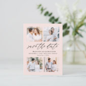 Elegant Script Blush 4 Fotocollage De datum opslaa Aankondigingskaart (Staand voorkant)