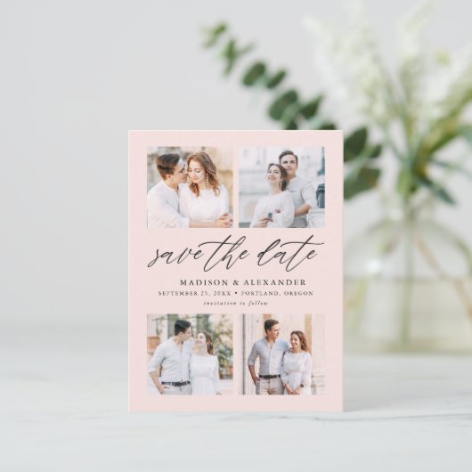 Elegant Script Blush 4 Fotocollage De datum opslaa Aankondigingskaart (Staand voorkant)
