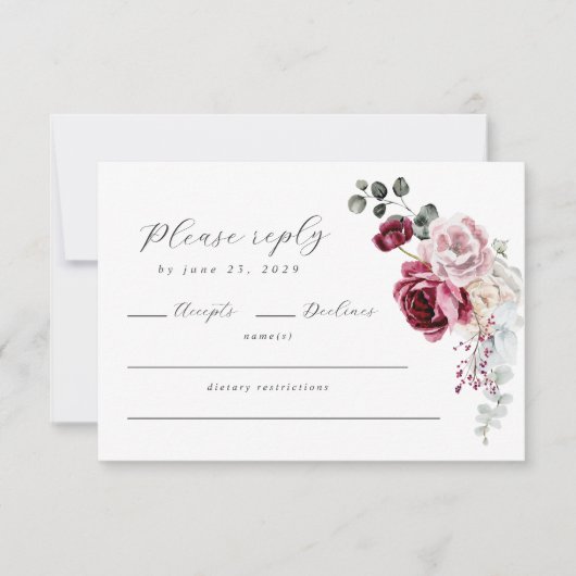 Elegant Script Blush & Bourgondië Floral QR-code RSVP Kaartje (Voorkant)