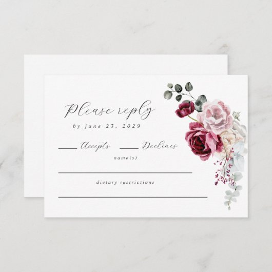 Elegant Script Blush & Bourgondië Floral QR-code RSVP Kaartje (Voorkant / Achterkant)