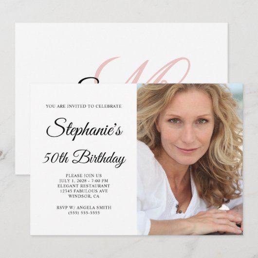 Elegant Script Blush Monogram Foto 50e verjaardag Kaart (Voorkant / Achterkant)