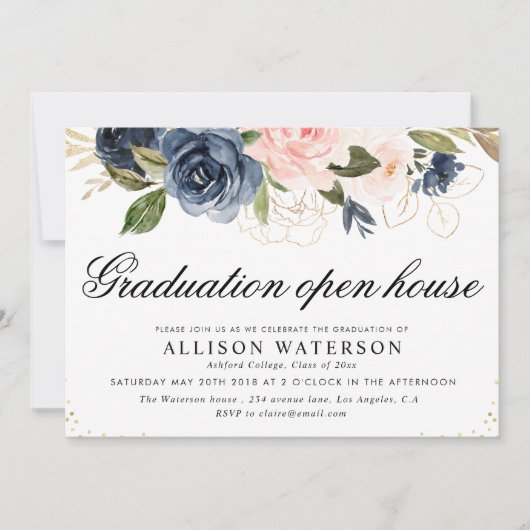 Elegant script blush & navy afstuderen open house kaart (Voorkant)