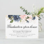 Elegant script blush & navy afstuderen open house kaart (Staand voorkant)