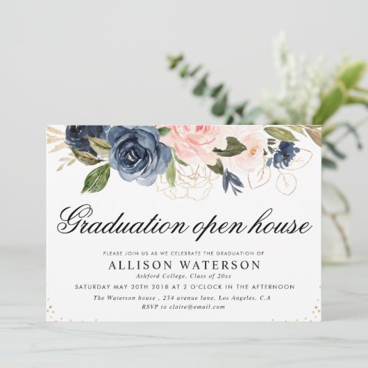 Elegant script blush & navy afstuderen open house kaart (Staand voorkant)