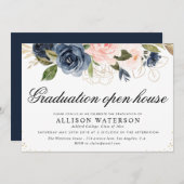 Elegant script blush & navy afstuderen open house kaart (Voorkant / Achterkant)