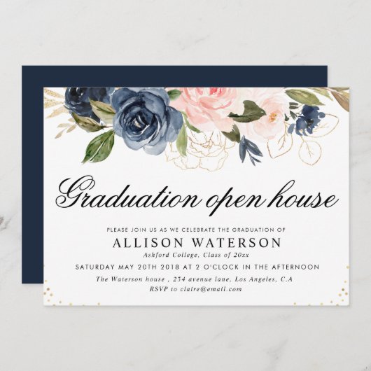 Elegant script blush & navy afstuderen open house kaart (Voorkant / Achterkant)